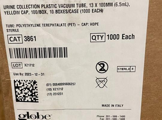 Globe 3861 Urine Collection Plastic Vacuum Tube, Yellow Cap, 13 x 100, case 1000